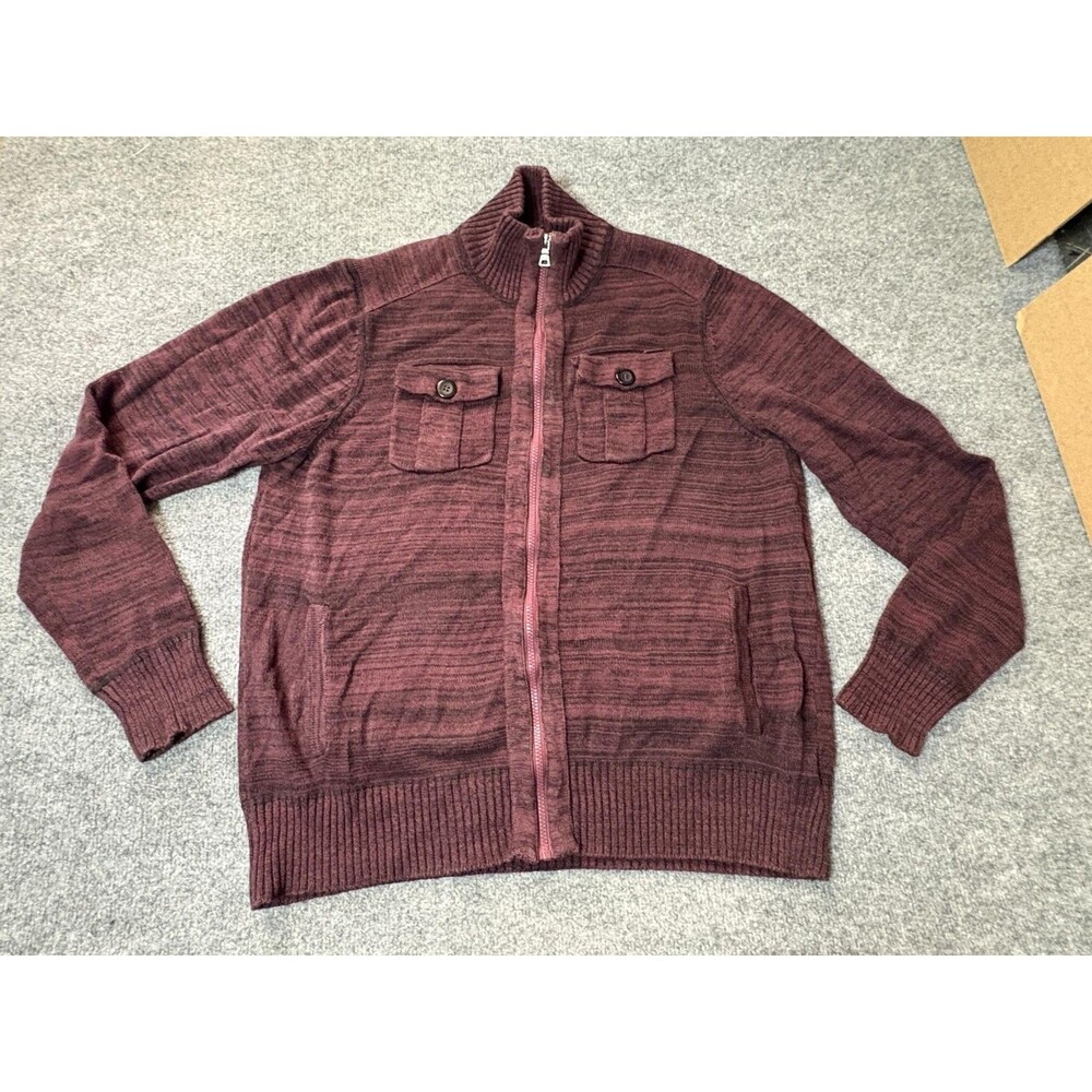 GUESS Sweater Mens L Red Stripe Cotton Full Zip Mock Neck Knit Pockets Logo